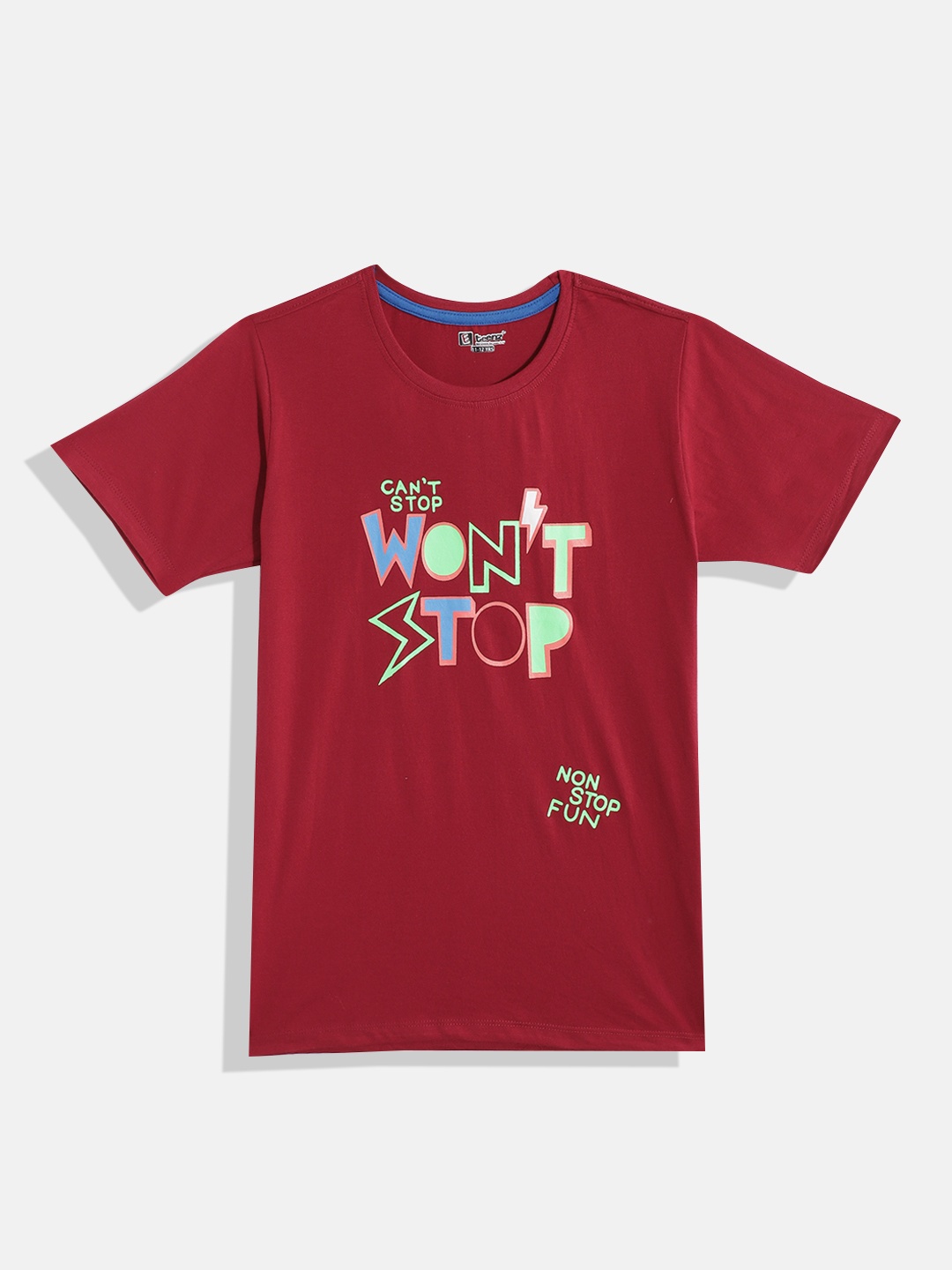 

Eteenz Boys Typography Eteenz Printed Pure Cotton T-shirt, Maroon