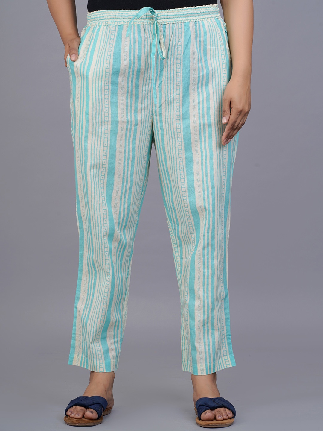 

JAIPUR PRIME Women Striped Pure Cotton Lounge Pants, White