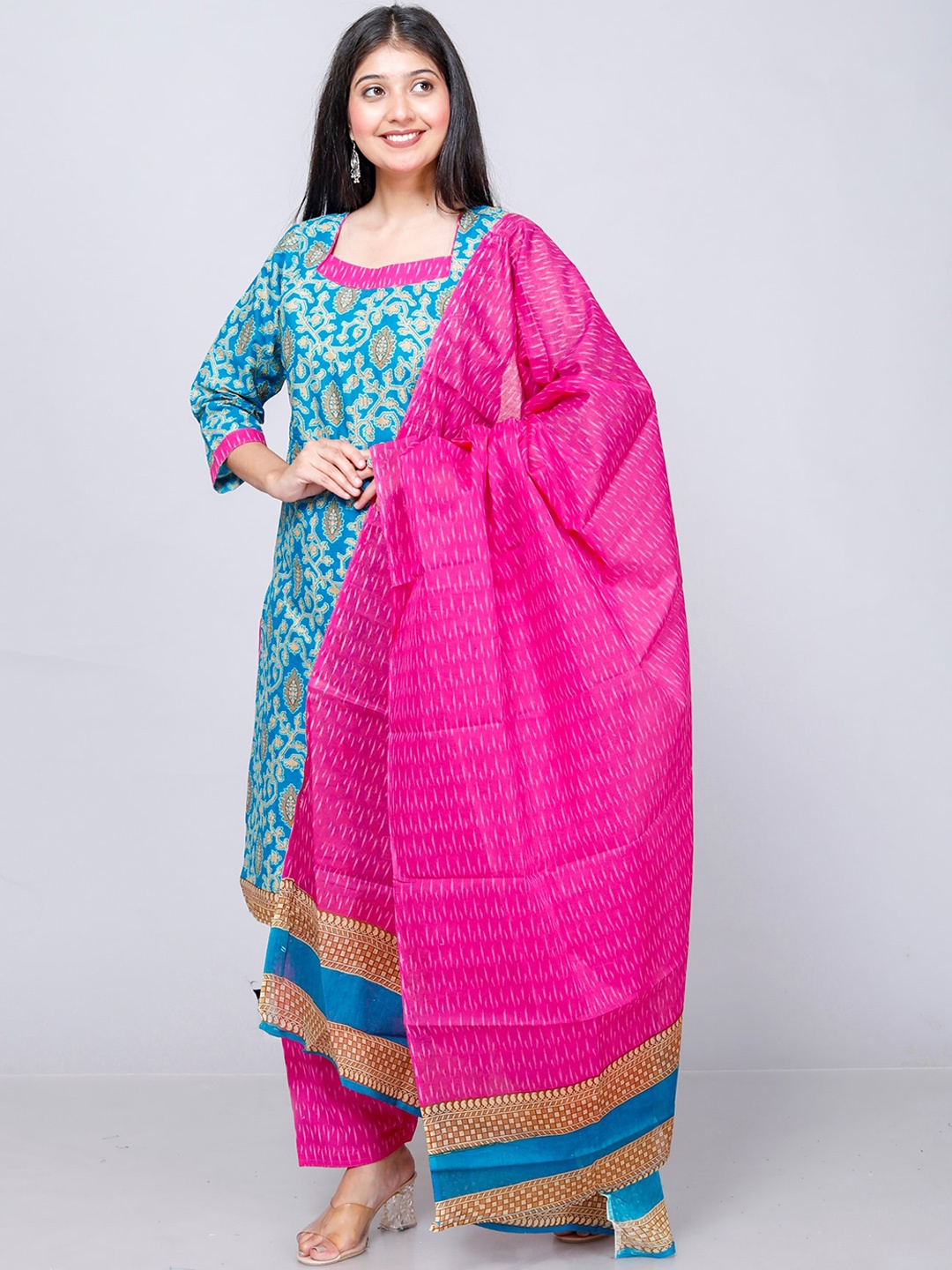 

Jevi Prints Ethnic Motifs Printed Regular Pure Cotton Kurta with Patiala & Dupatta, Turquoise blue