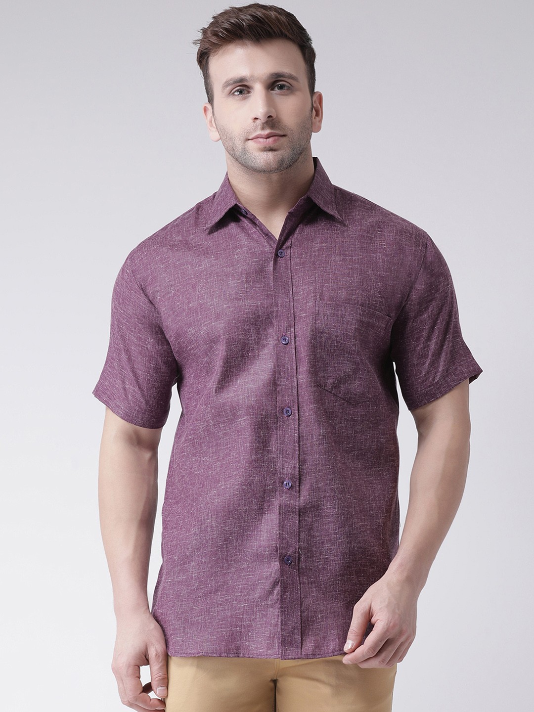 

RIAG Spread Collar Short Sleeves Cotton Shirt, Purple