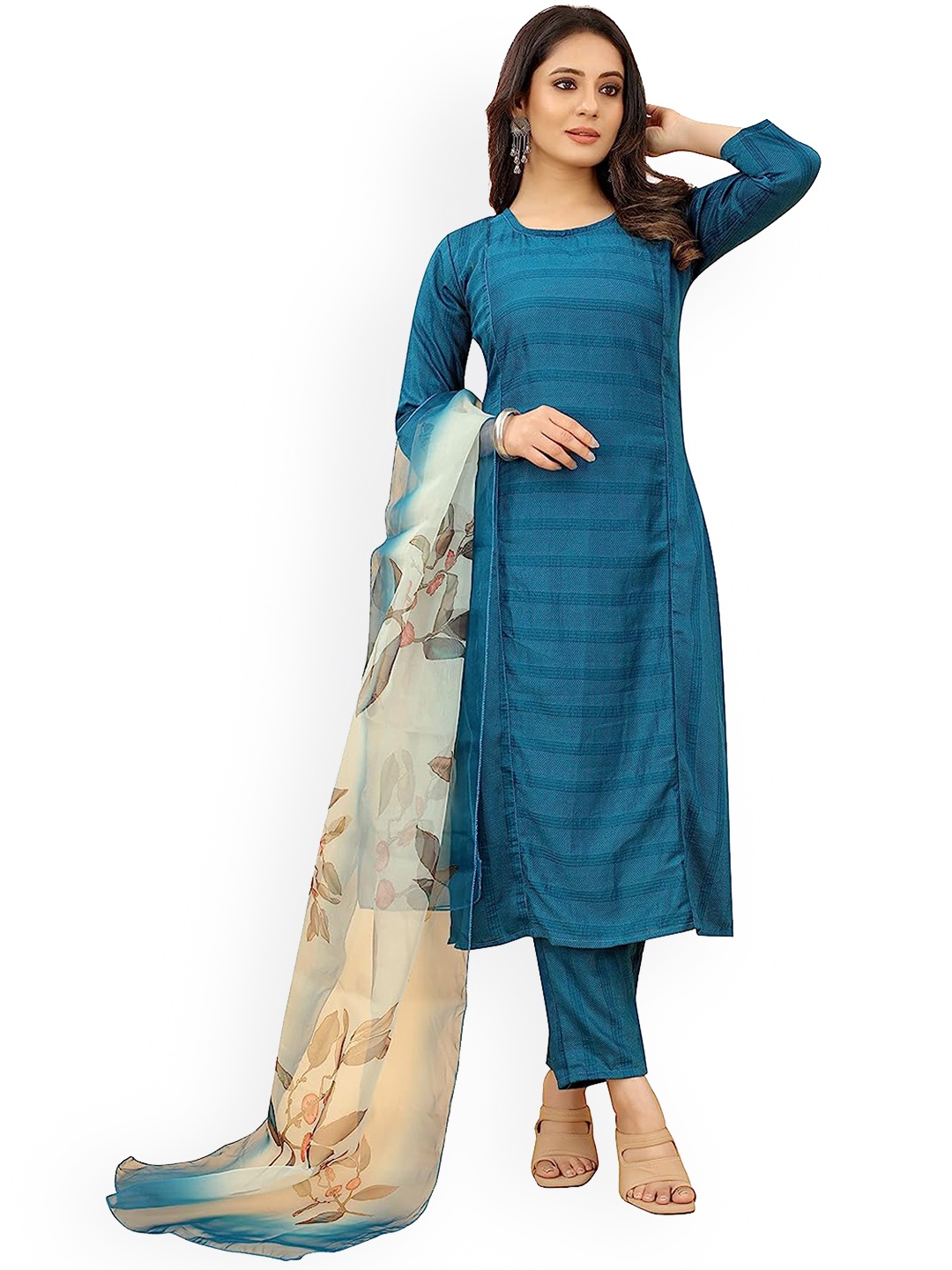 

PERFECTBLUE Striped Regular Kurta & Trousers With Dupatta, Blue