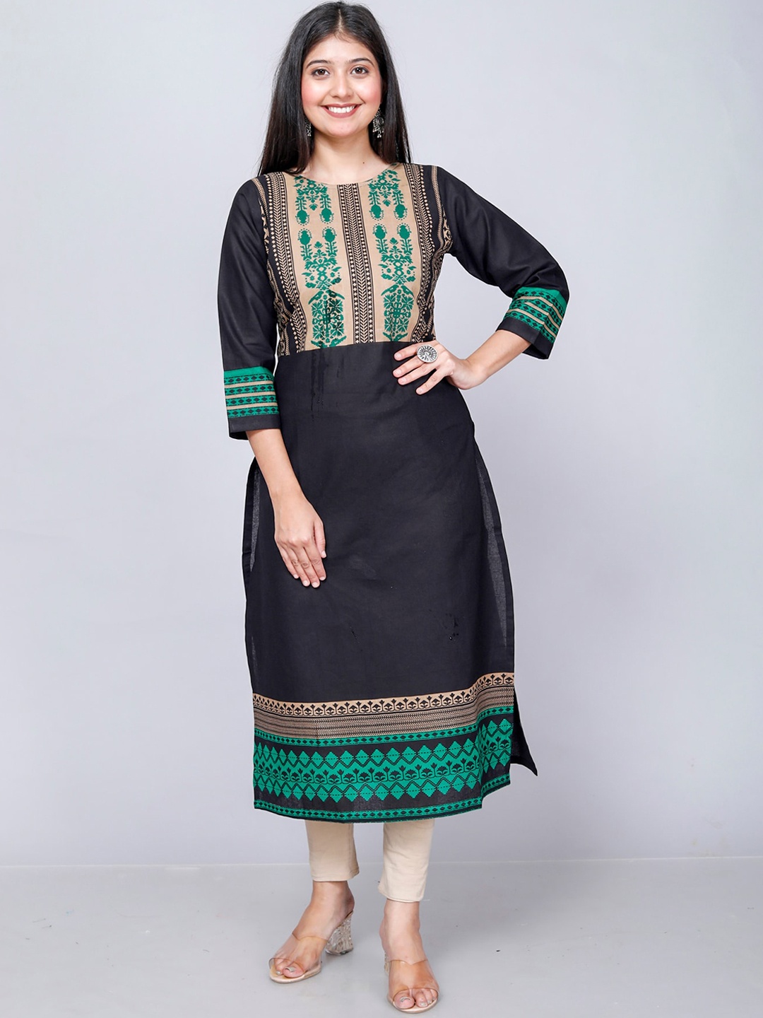 

Jevi Prints Ethnic Motifs Printed Round Neck Cotton Straight Kurta, Black