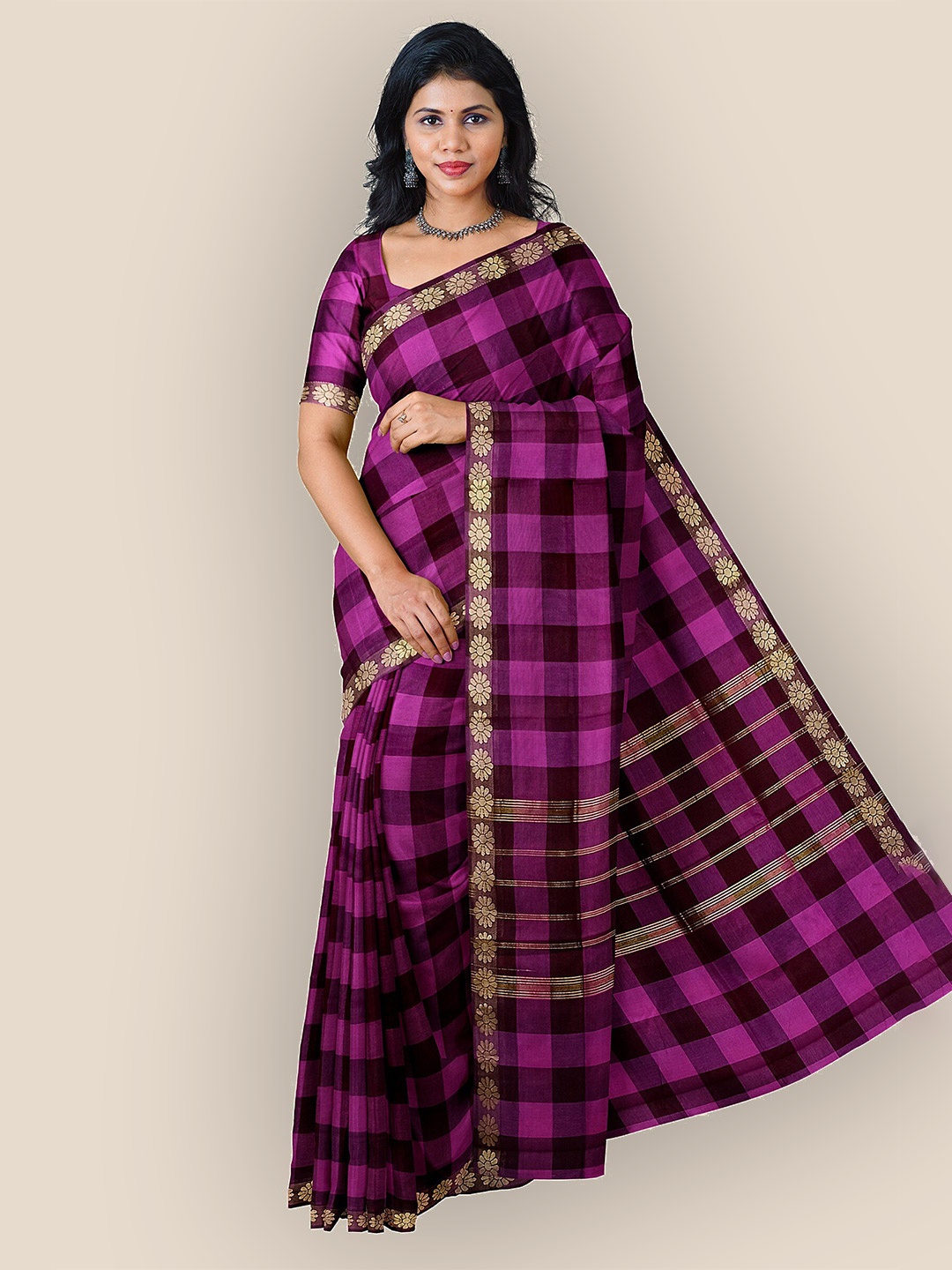 

The Chennai Silks Checked Zari Pure Cotton Chettinad Saree, Purple