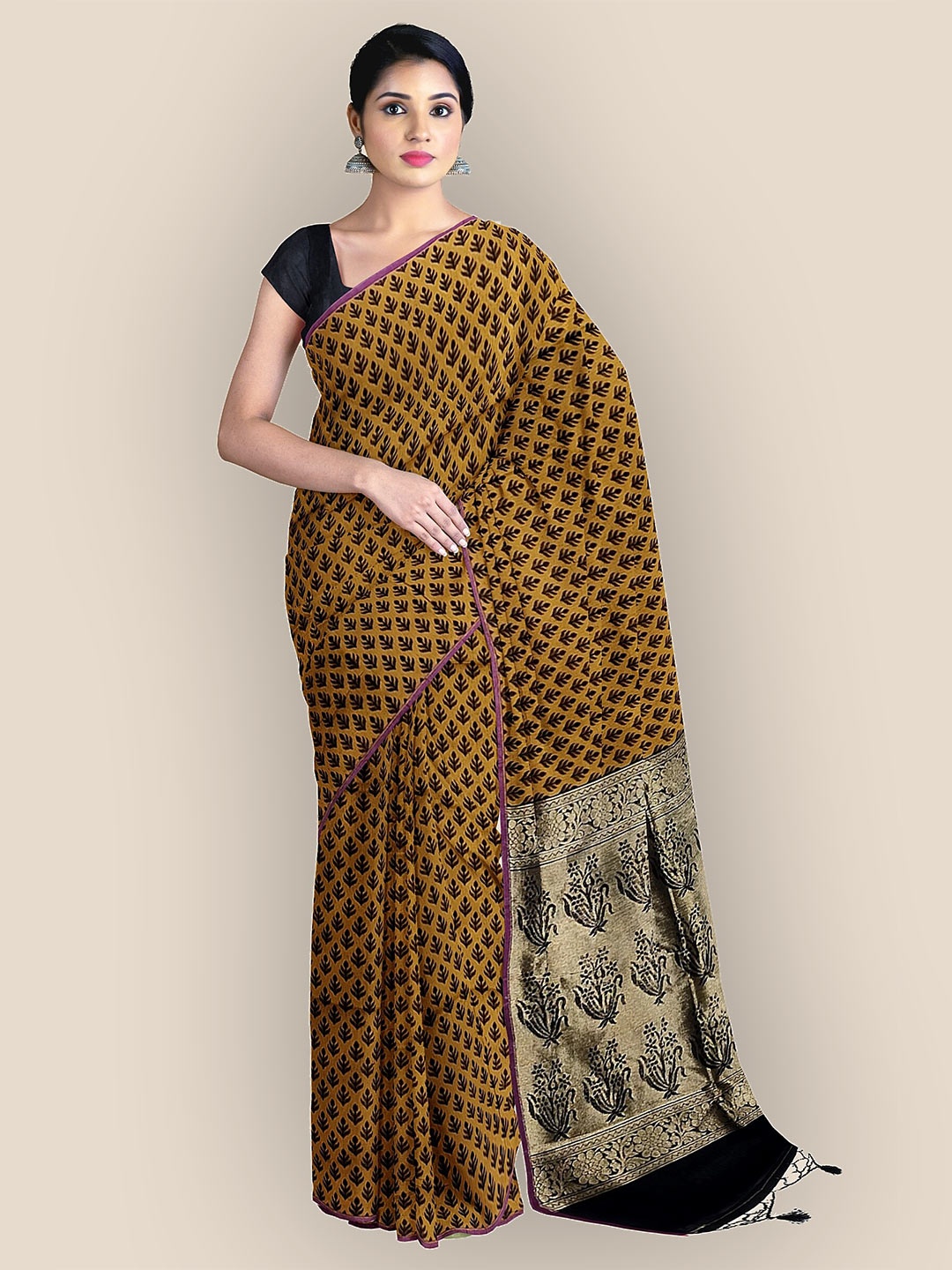 

The Chennai Silks Ethnic Motifs Zari Silk Cotton Maheshwari Saree, Mustard