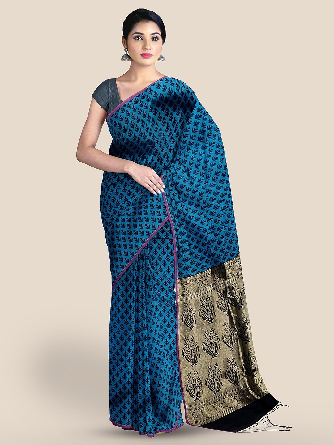 

The Chennai Silks Ethnic Motifs Printed Zari Maheshwari Saree, Blue