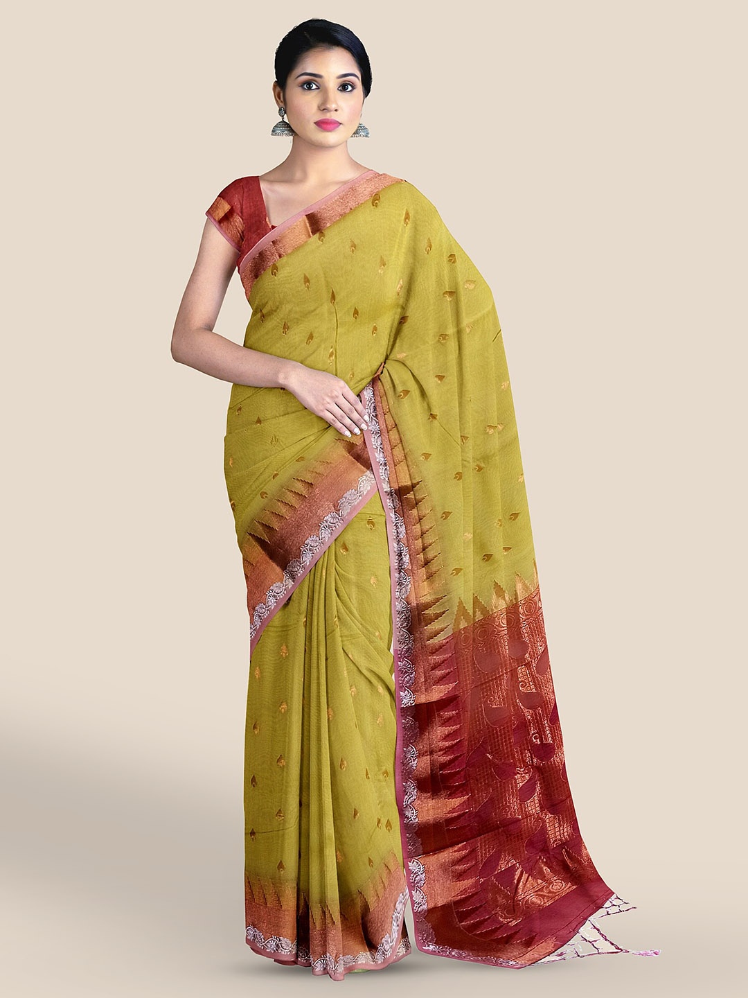 

The Chennai Silks Ethnic Motifs Woven Design Silk Cotton Maheshwari Saree, Yellow