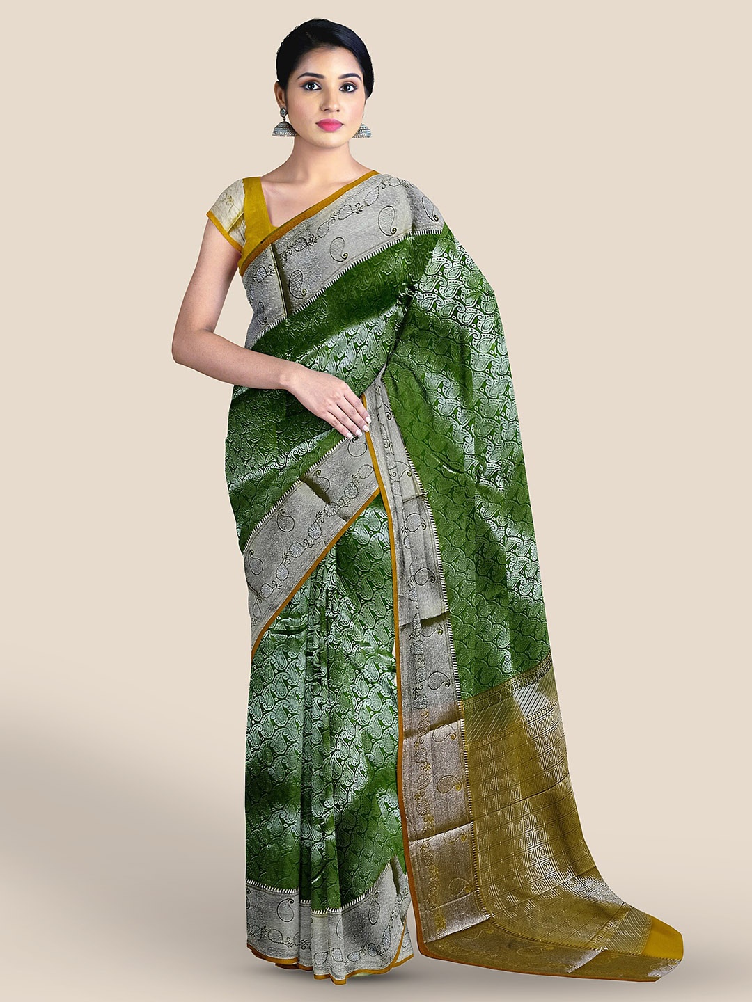 

The Chennai Silks Woven Design Zari Silk Cotton Maheshwari Saree, Green