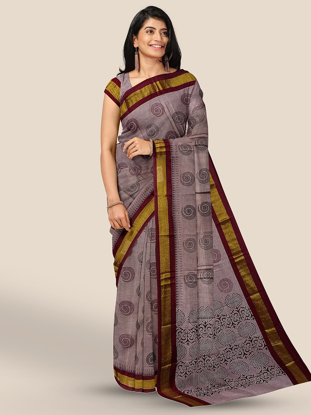 

The Chennai Silks Geometric Printed Zari Narayan Peth Saree, Brown