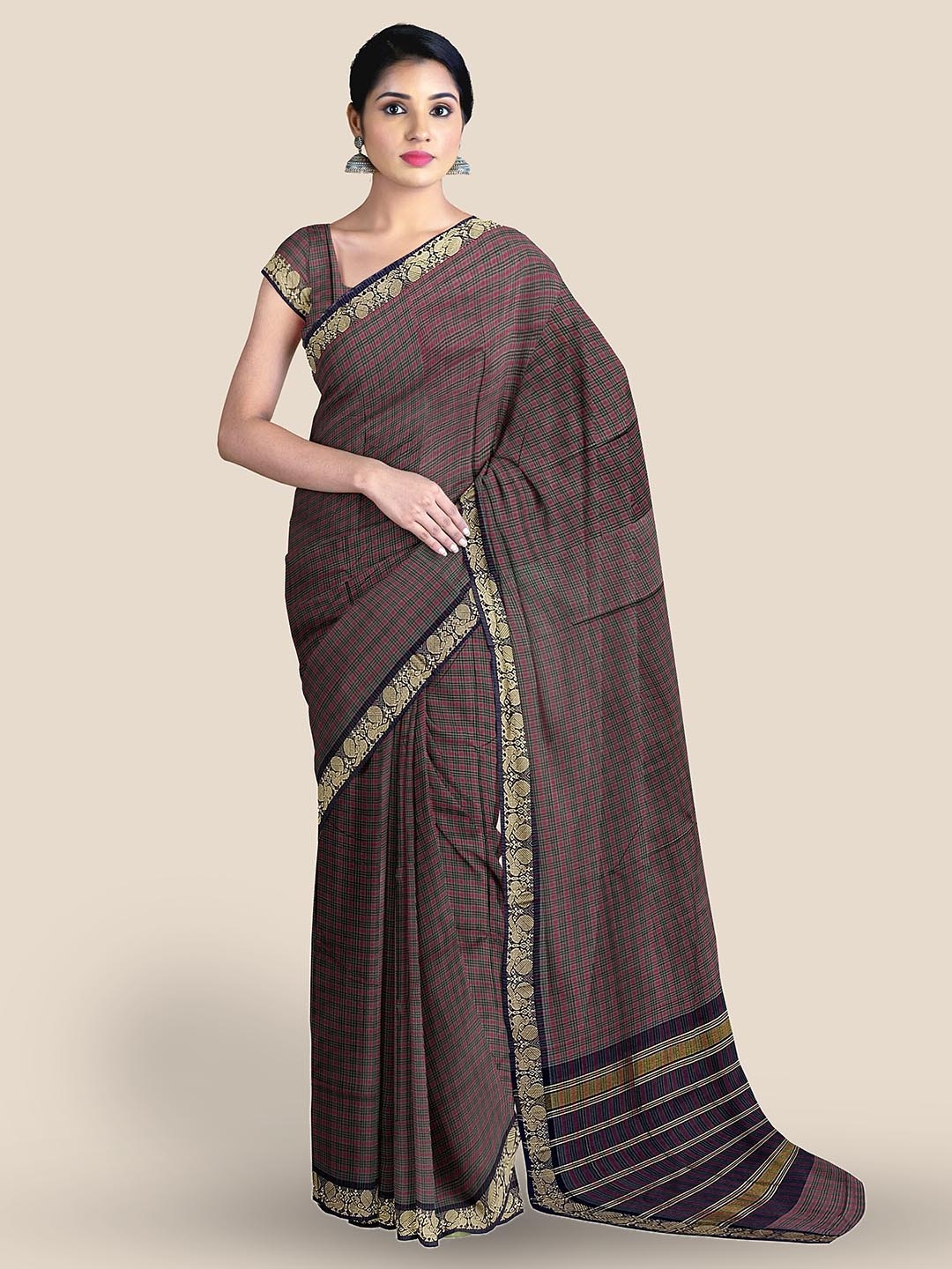 

The Chennai Silks Checked Zari Pure Cotton Chettinad Saree, Black