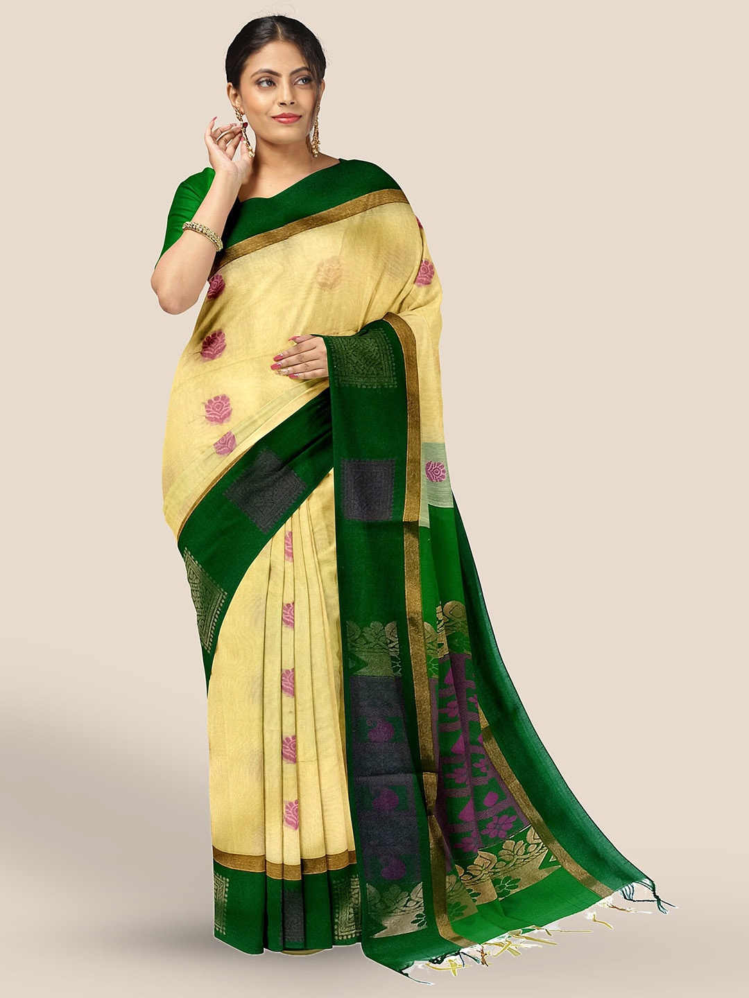 

The Chennai Silks Floral Woven Design Zari Silk Cotton Maheshwari Saree, Yellow