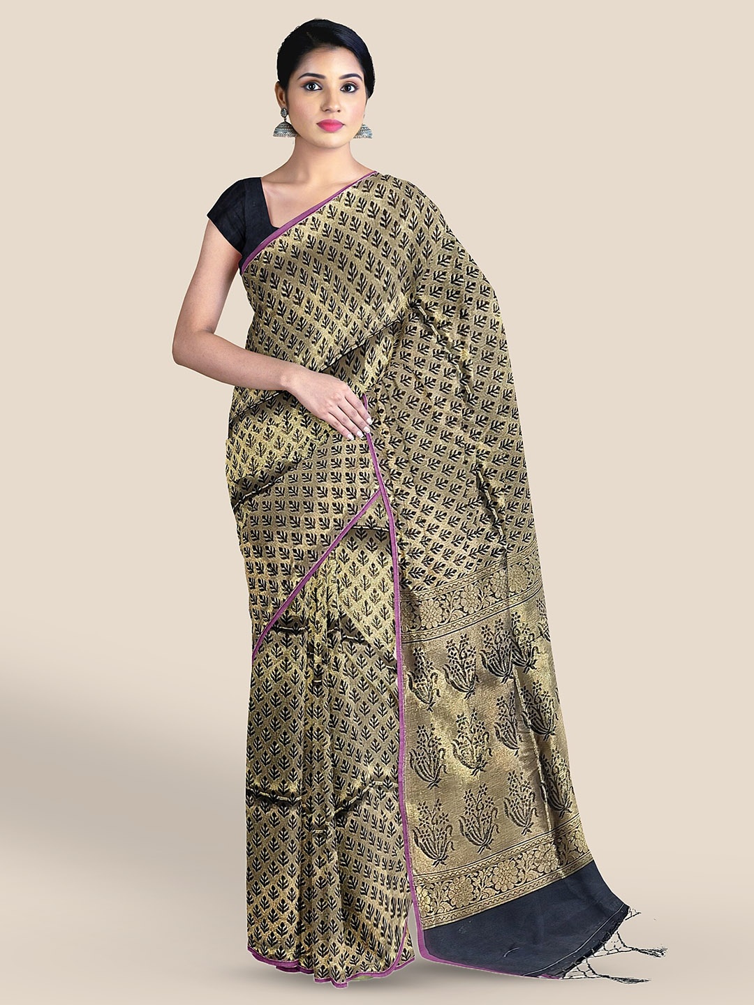 

The Chennai Silks Ethnic Motifs Woven Design Silk Cotton Maheshwari Saree, Gold
