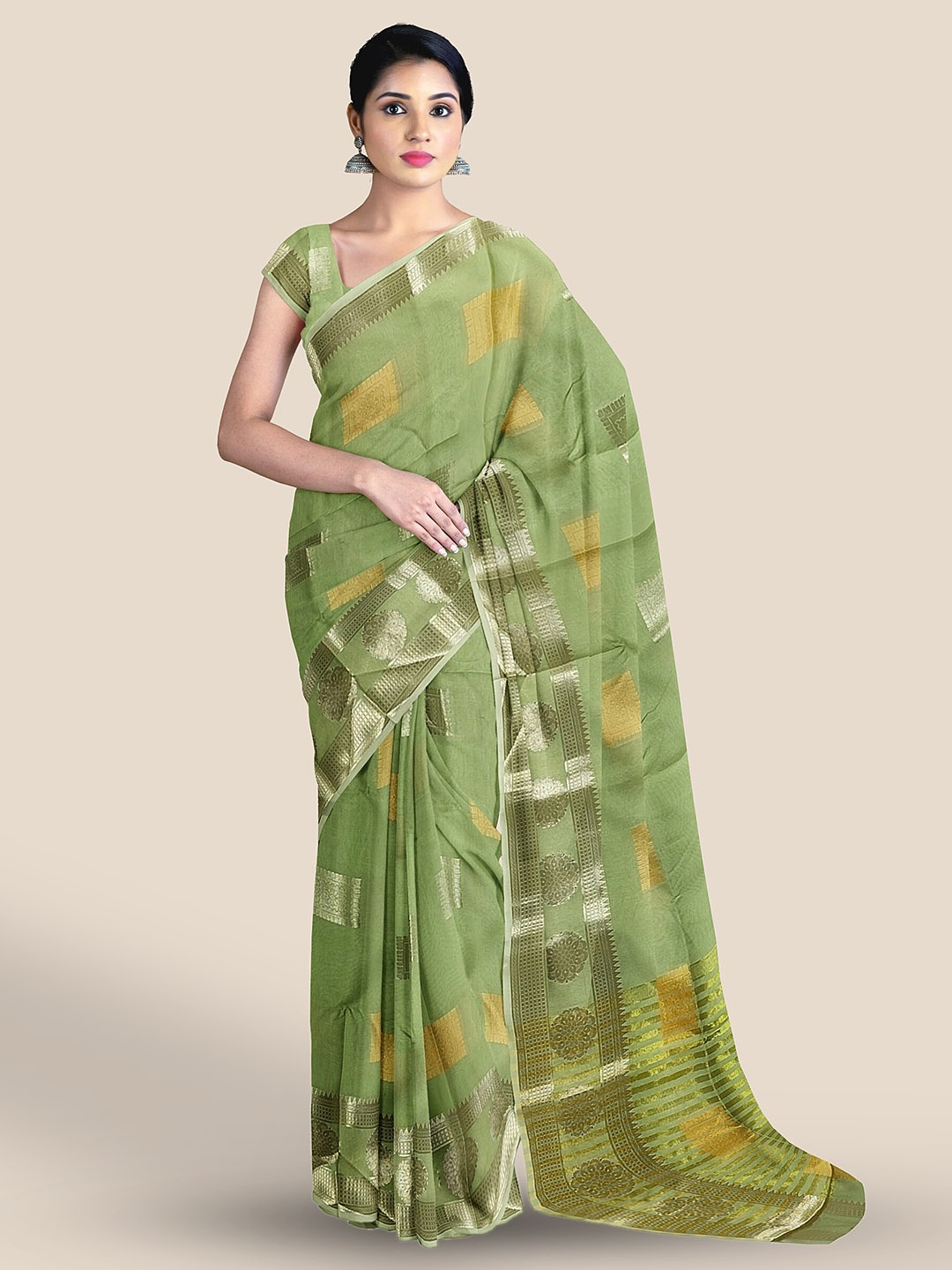 

The Chennai Silks Geometric Woven Design Silk Cotton Maheshwari Saree, Green