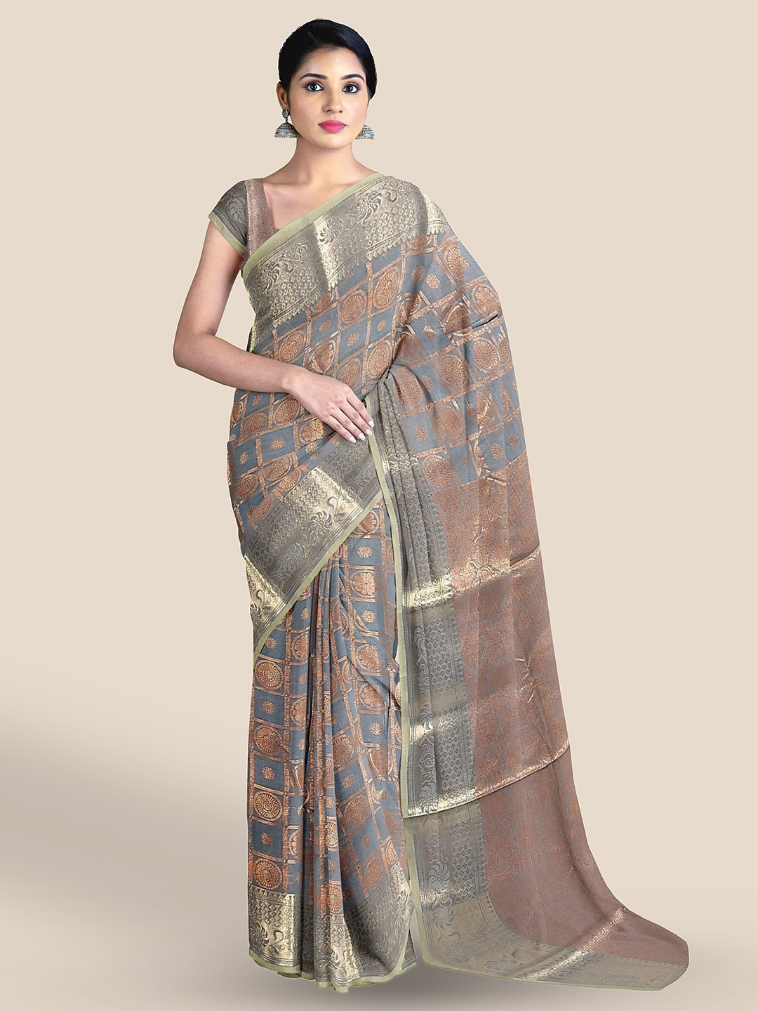 

The Chennai Silks Ethnic Motifs Woven Design Silk Cotton Maheshwari Saree, Grey