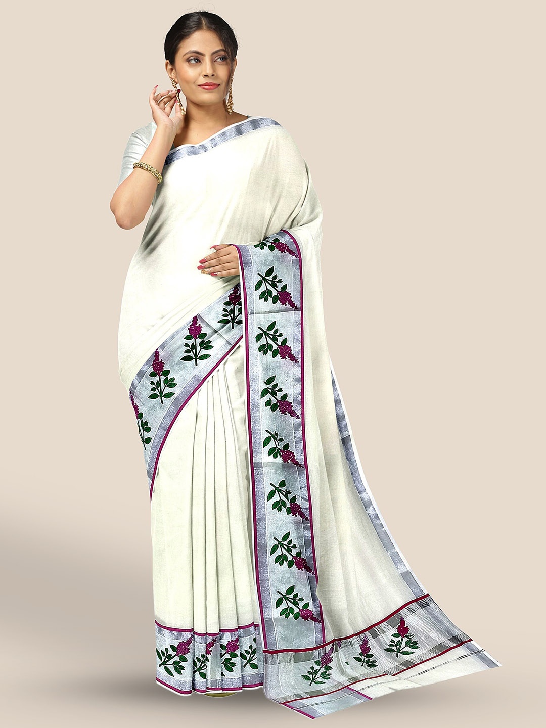 

The Chennai Silks Embroidered Zari Pure Cotton Kasavu Saree, Off white