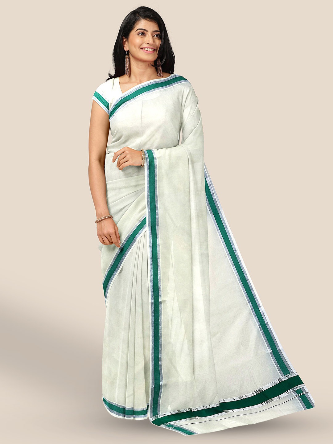 

The Chennai Silks Zari Pure Cotton Kasavu Saree, Off white