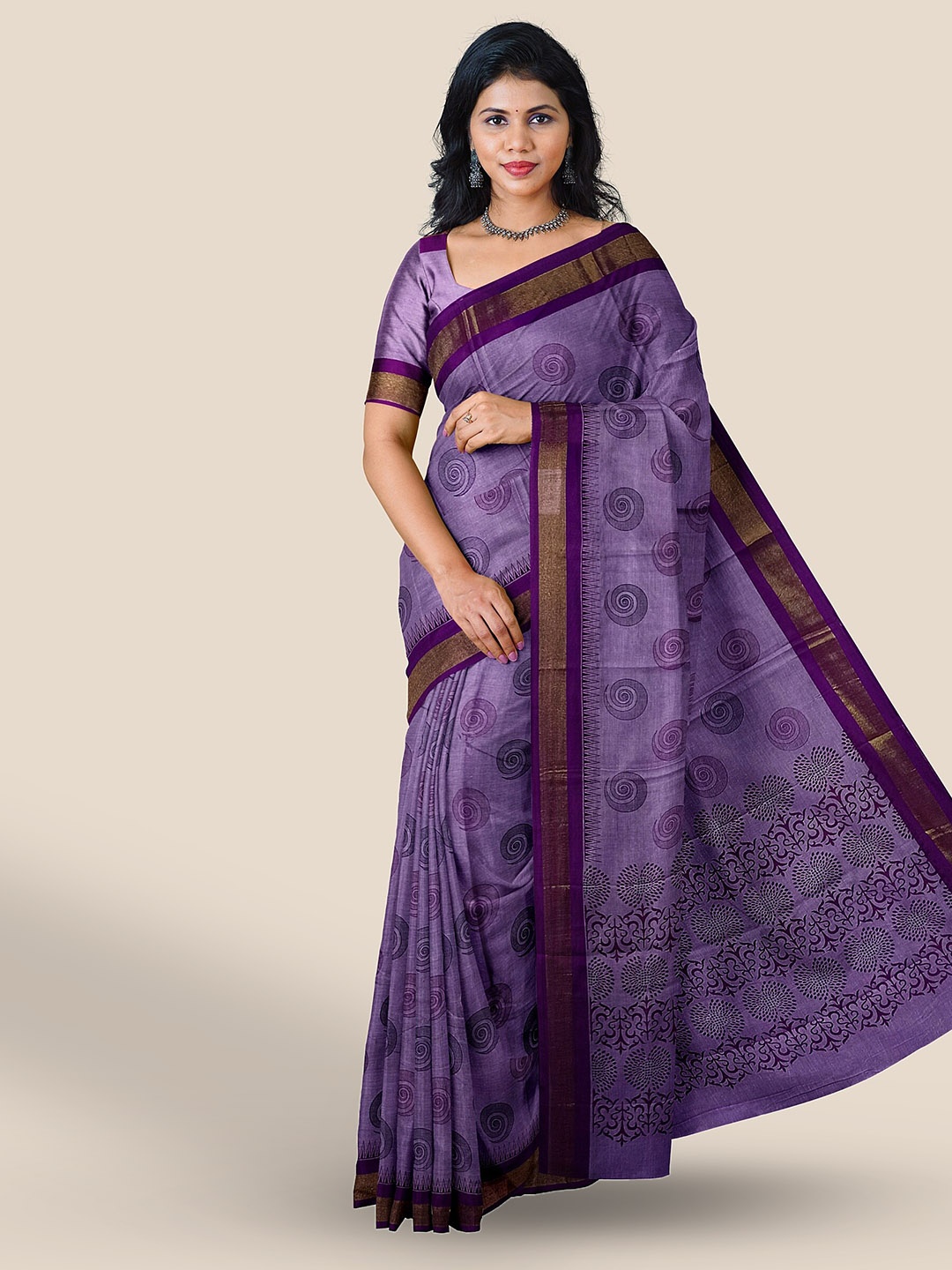 

The Chennai Silks Ethnic Motifs Printed Zari Narayan Peth Saree, Lavender