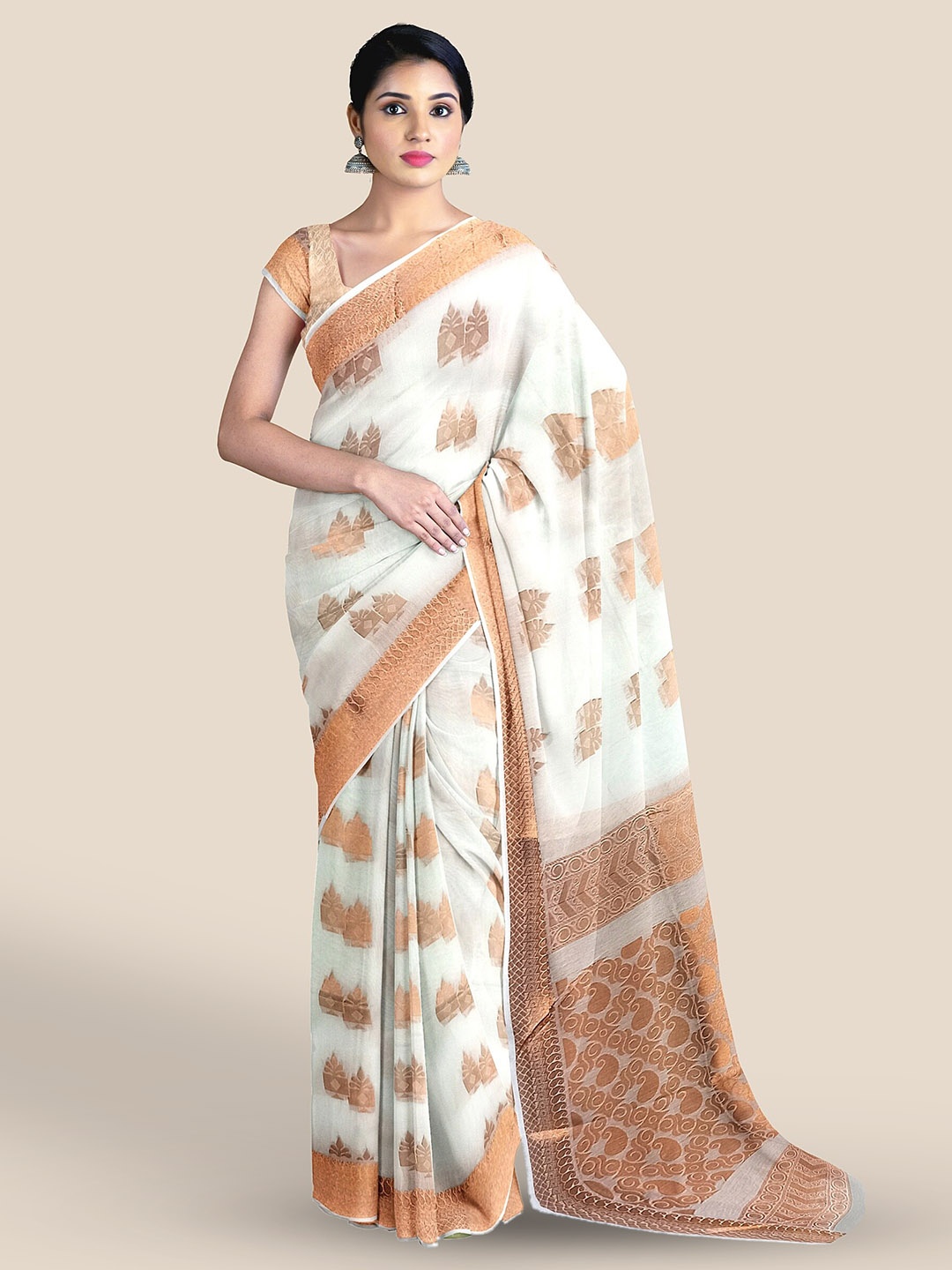 

The Chennai Silks Woven Design Zari Silk Cotton Maheshwari Saree, Off white