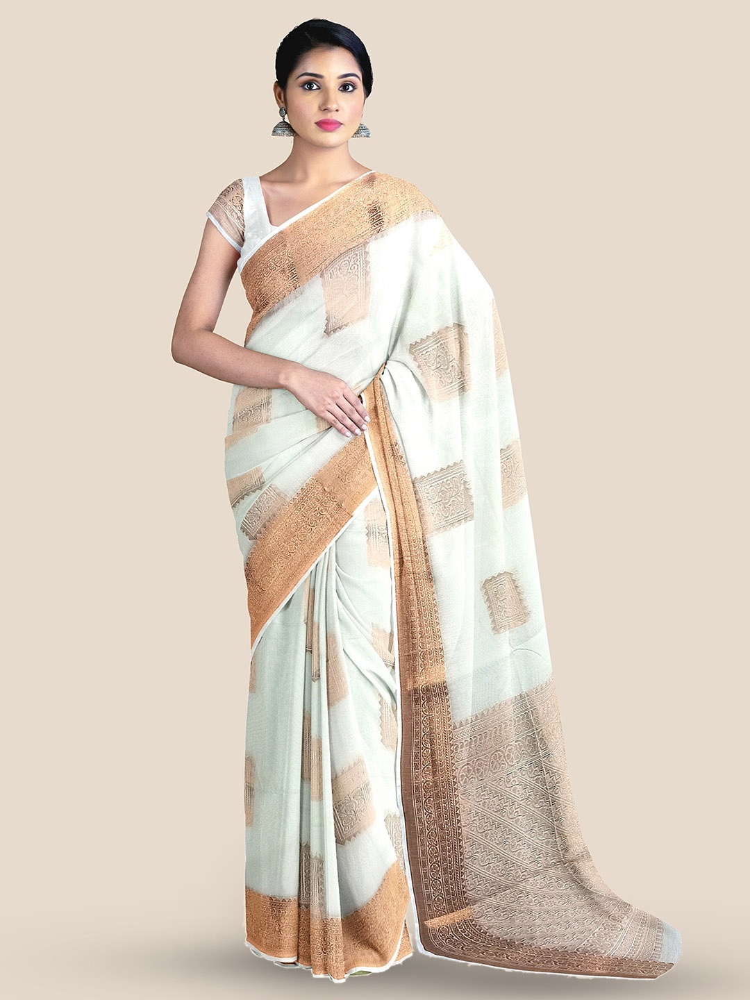 

The Chennai Silks Ethnic Woven Design Zari Silk Cotton Maheshwari Saree, Off white