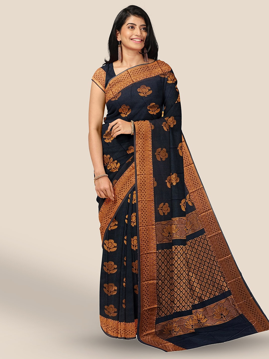 

The Chennai Silks Floral Woven Design Zari Silk Cotton Maheshwari Saree, Black