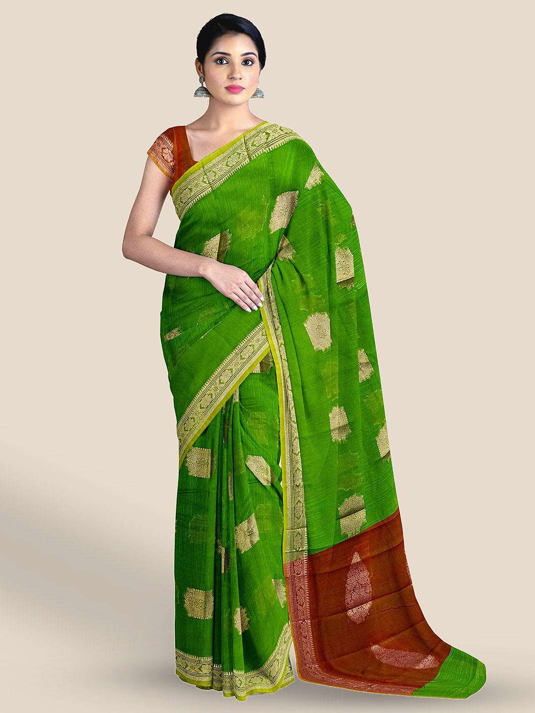 

The Chennai Silks Woven Design Zari Silk Cotton Maheshwari Saree, Green
