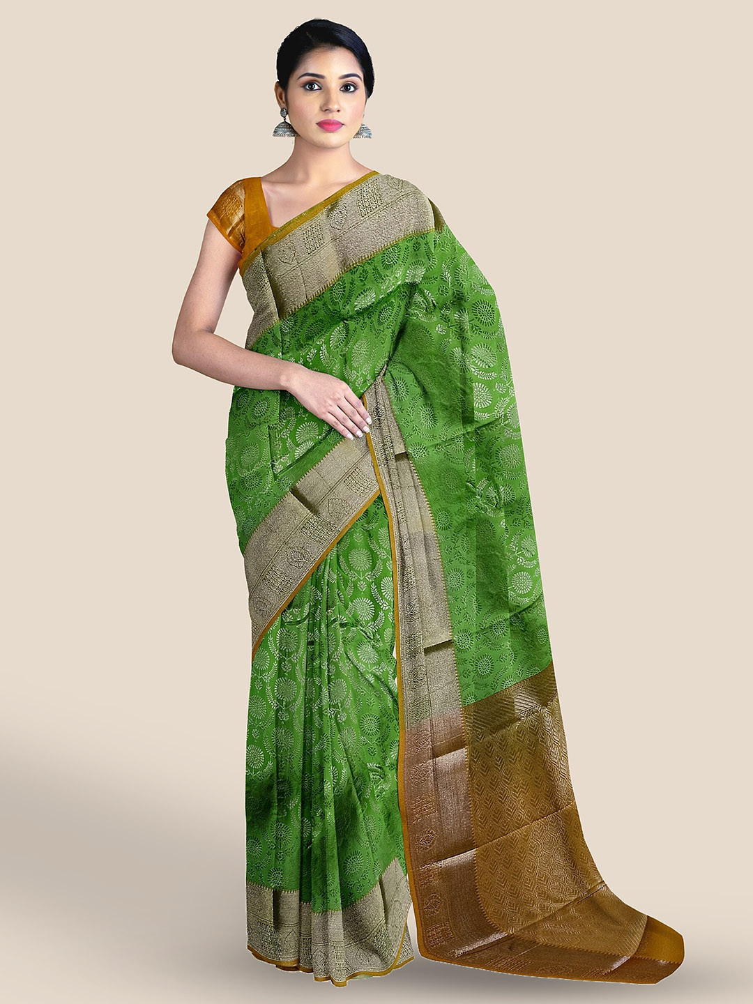 

The Chennai Silks Woven Design Zari Silk Cotton Maheshwari Saree, Green