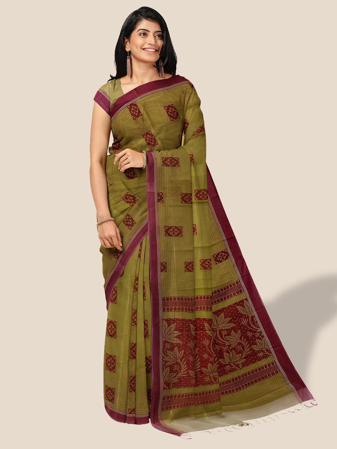 

The Chennai Silks Ethnic Motifs Printed Pure Cotton Saree, Olive