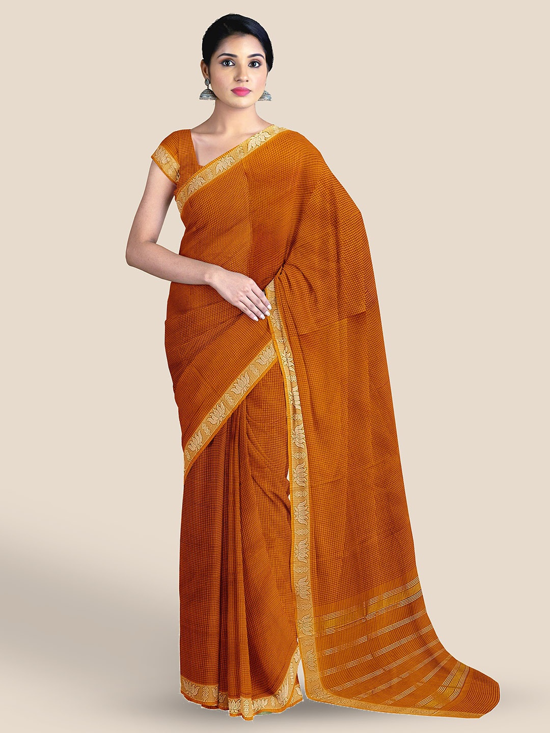 

The Chennai Silks Checked Zari Pure Cotton Chettinad Saree, Orange