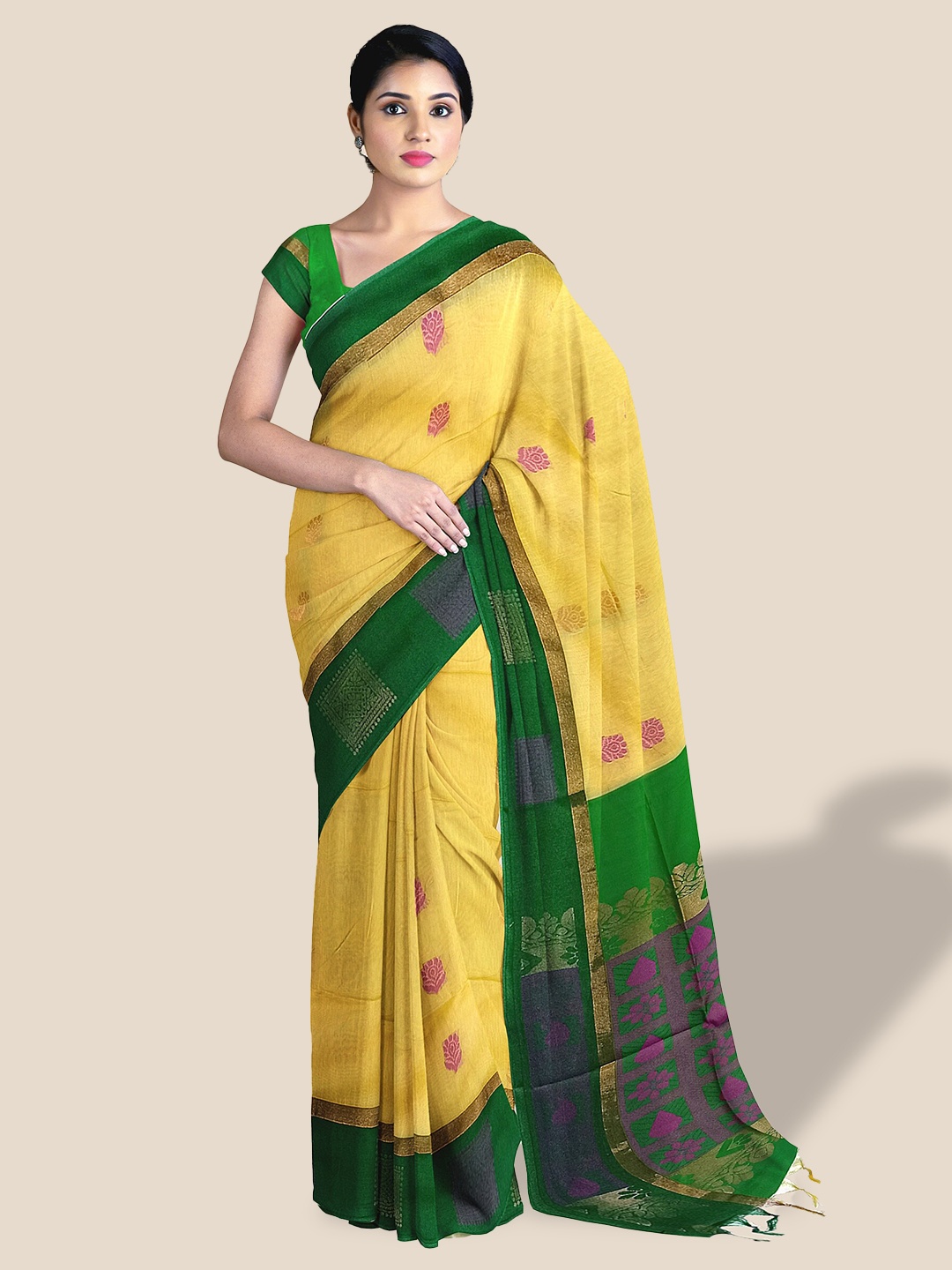 

The Chennai Silks Woven Design Zari Silk Cotton Maheshwari Saree, Yellow