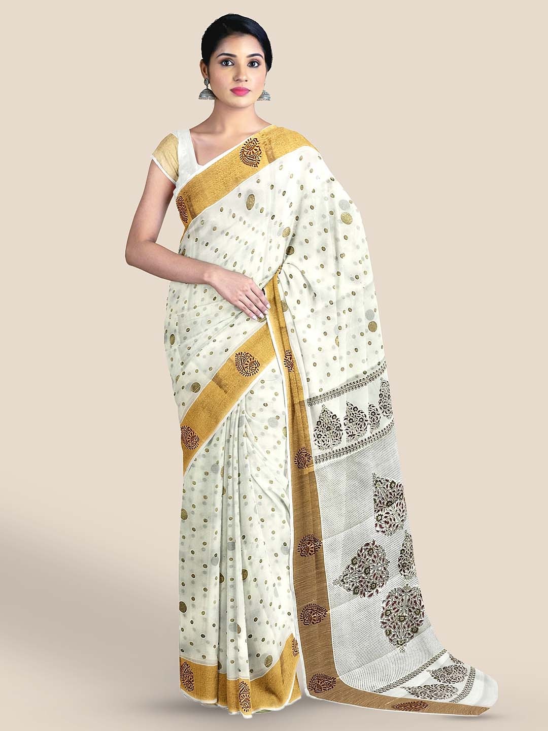 

The Chennai Silks Polka Dot Printed Pure Cotton Kasavu Saree, Off white