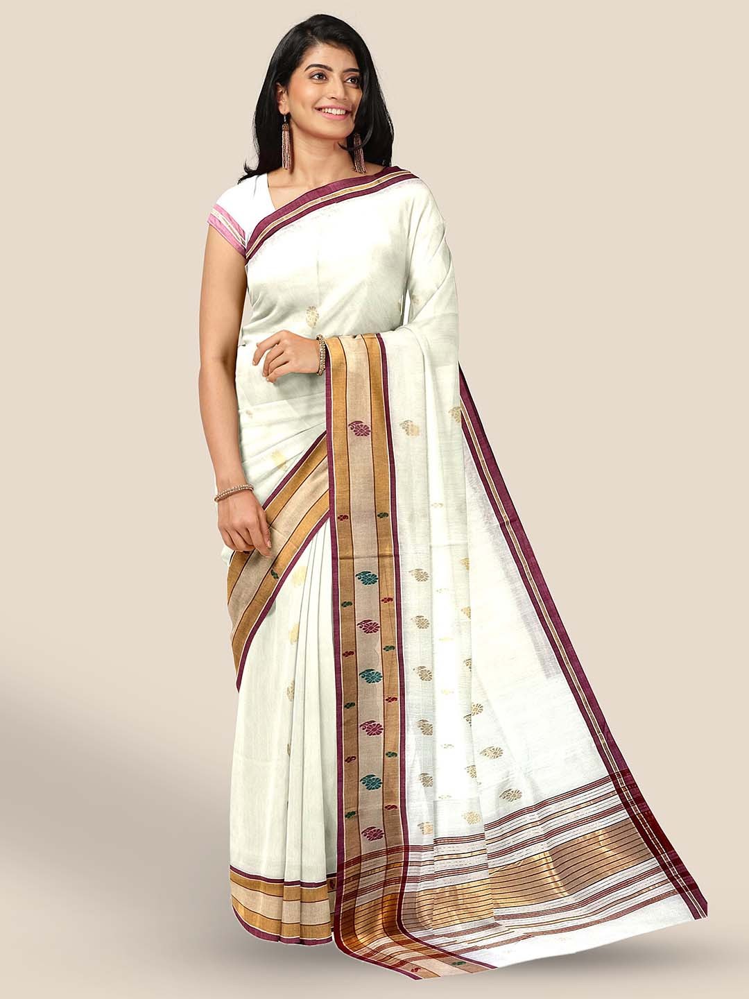 

The Chennai Silks Woven Design Zari Pure Cotton Venkatgiri Saree, Off white