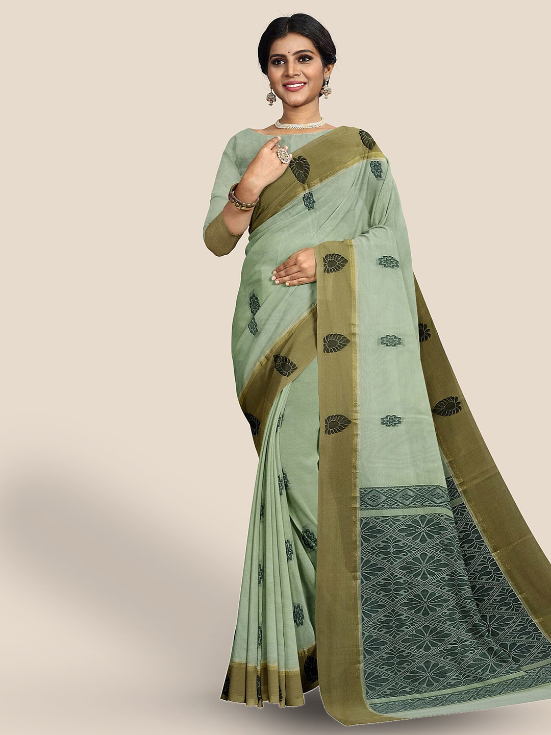 

The Chennai Silks Ethnic Motifs Zari Pure Cotton Maheshwari Saree, Green