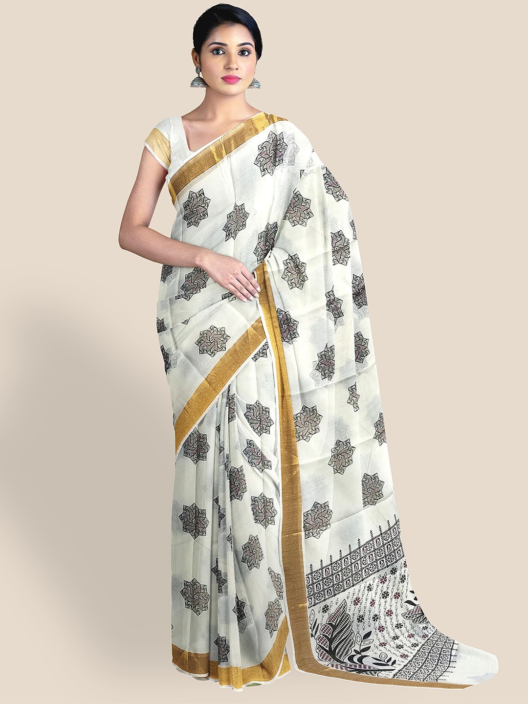 

The Chennai Silks Ethnic Motifs Printed Zari Pure Cotton Kasavu Saree, Off white