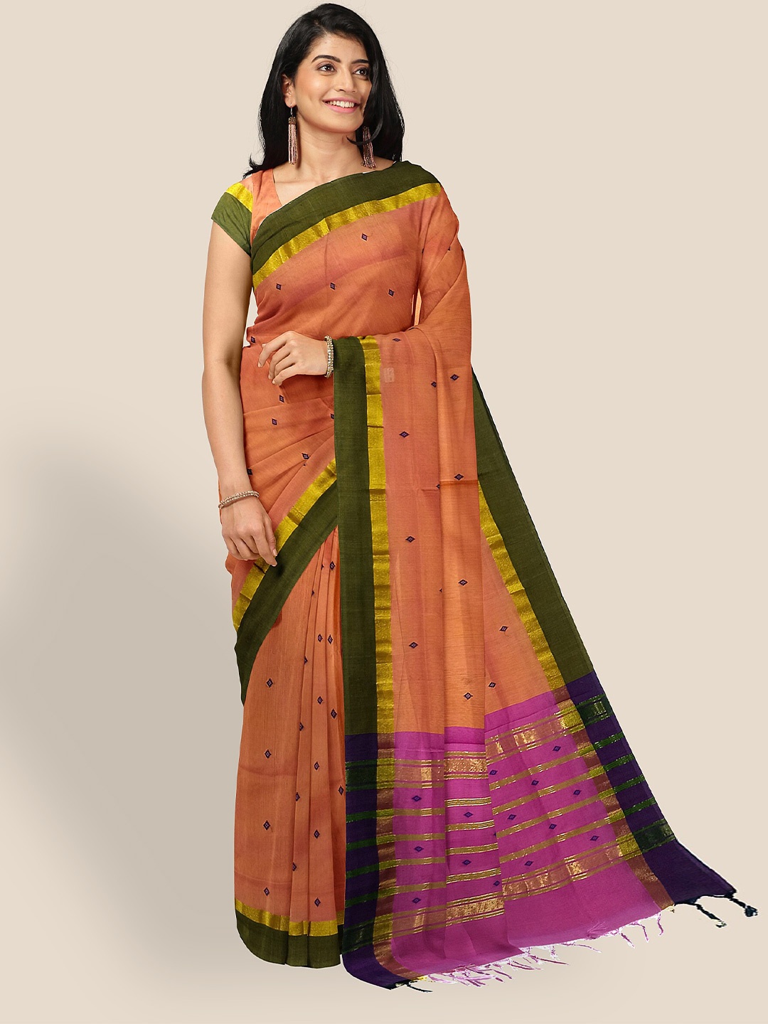 

The Chennai Silks Woven Design Zari Pure Cotton Venkatgiri Saree, Orange