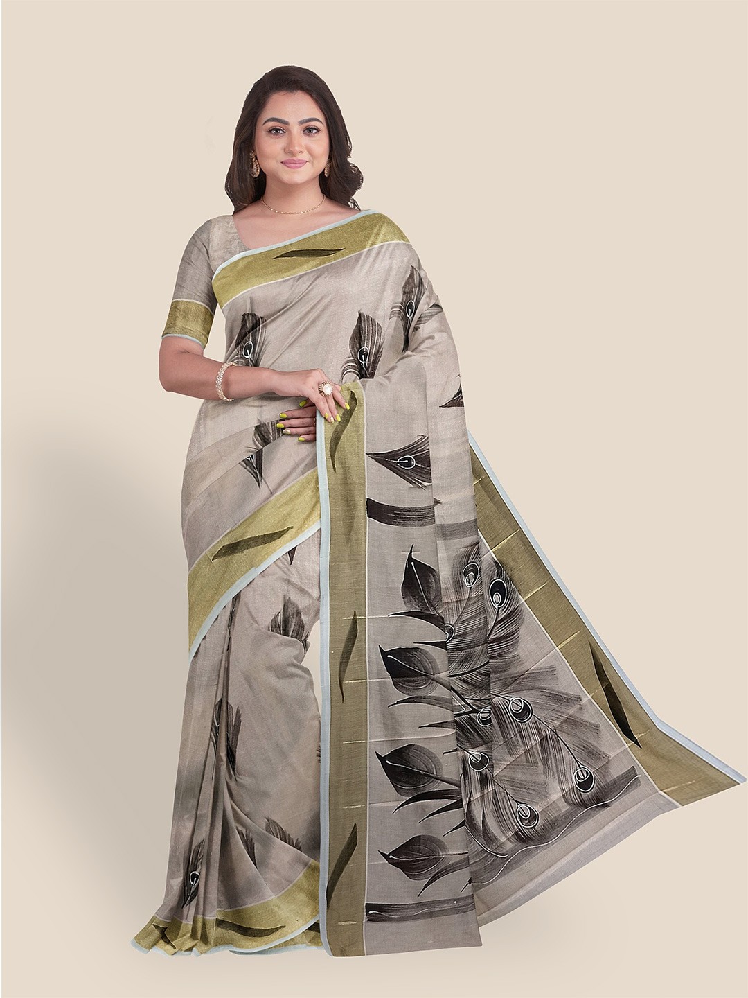 

The Chennai Silks Ethnic Motifs Printed Zari Pure Cotton Kasavu Saree, Off white