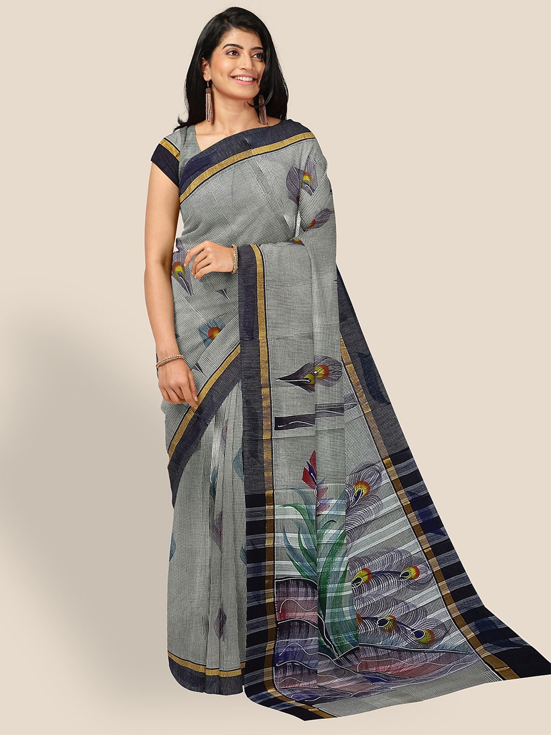

The Chennai Silks Ethnic Motifs Printed Zari Pure Cotton Kasavu Saree, Grey