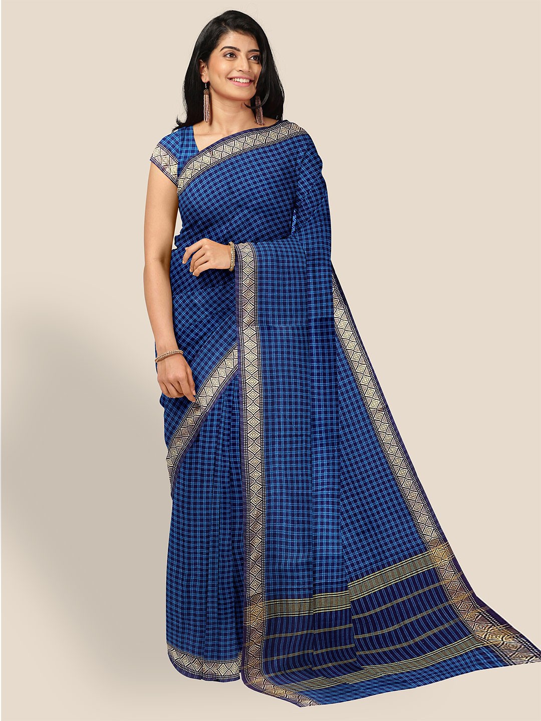 

The Chennai Silks Checked Pure Cotton Saree, Blue