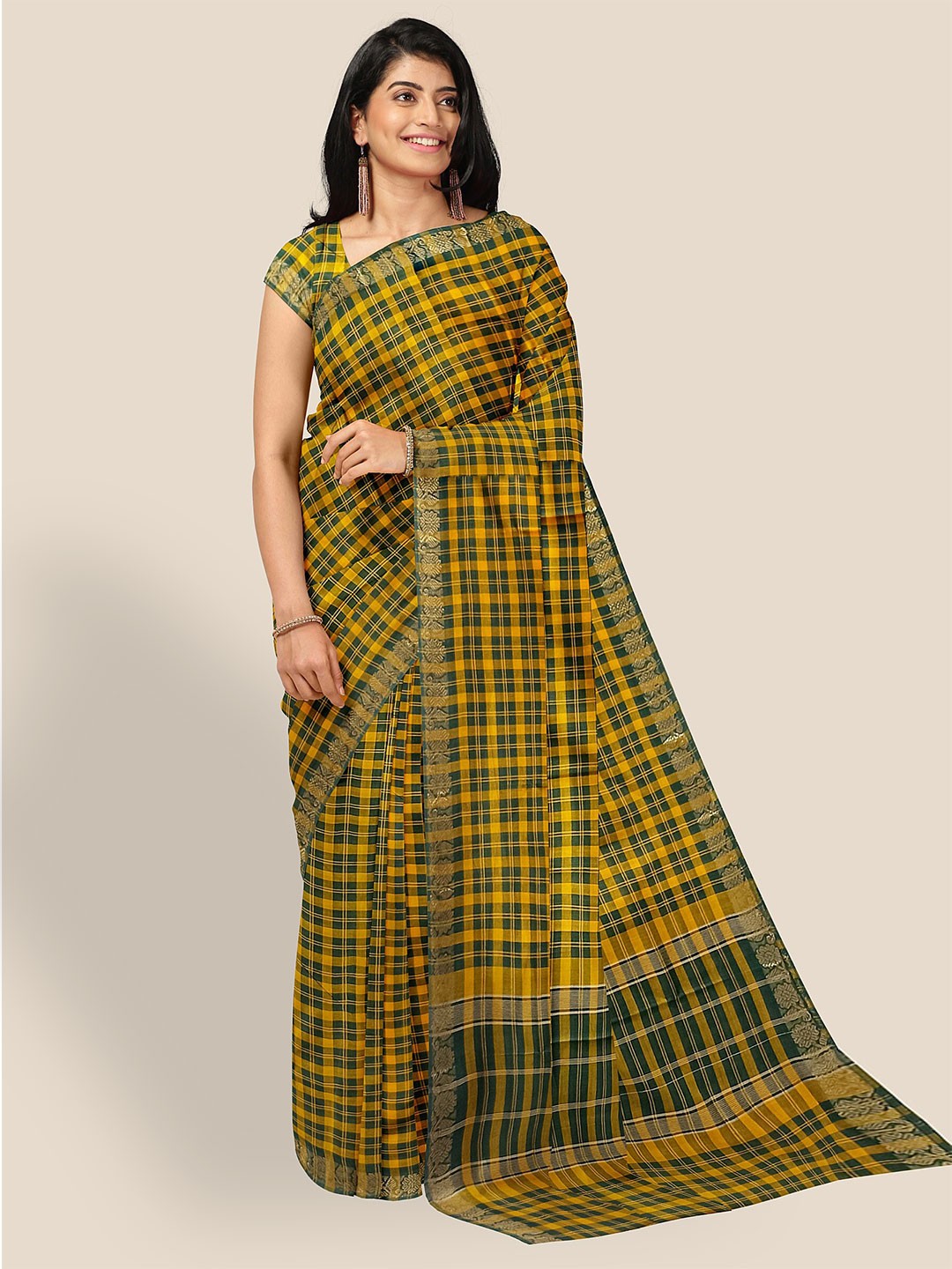 

The Chennai Silks Checked Pure Cotton Saree, Green