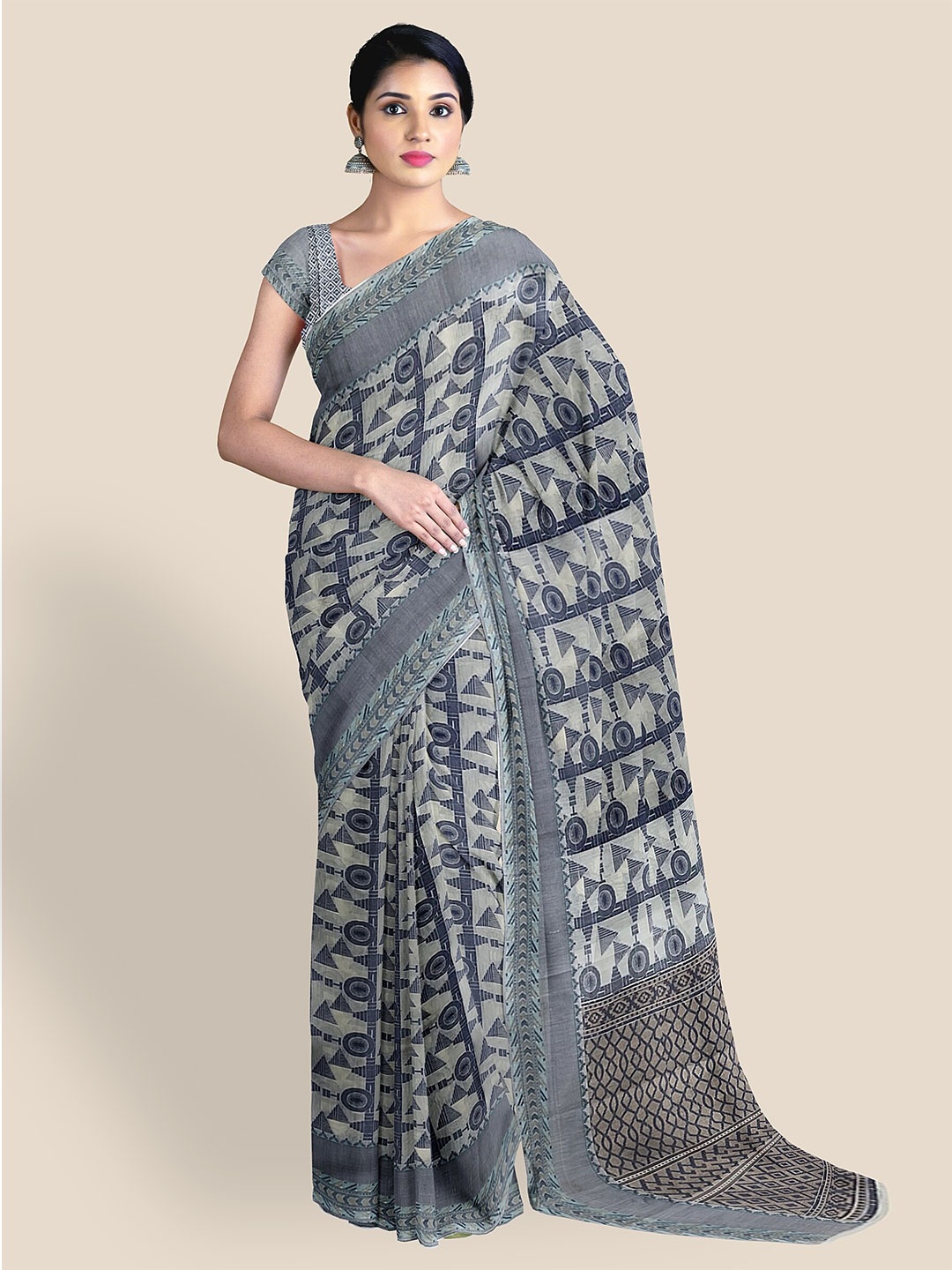 

The Chennai Silks Geometric Woven Design Pure Cotton Chanderi Saree, Off white