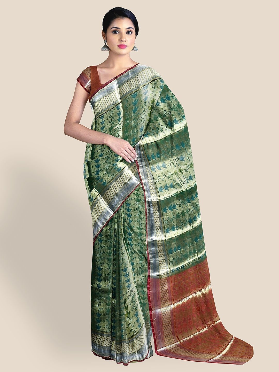 

The Chennai Silks Floral Woven Design Zari Saree, Green