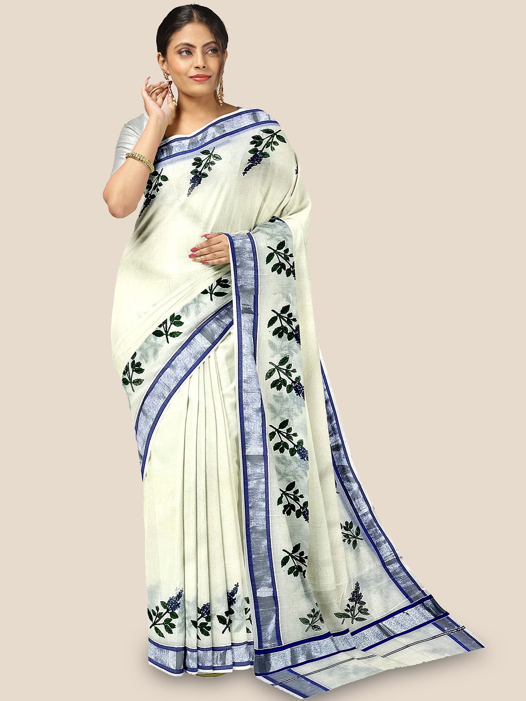 

The Chennai Silks Floral Printed Zari Pure Cotton Kasavu Saree, Off white