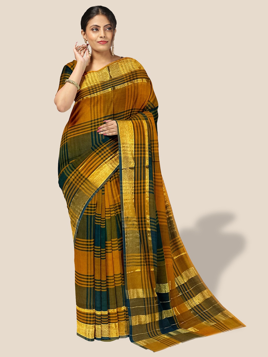 

The Chennai Silks Checked Zari Pure Cotton Venkatgiri Saree, Mustard