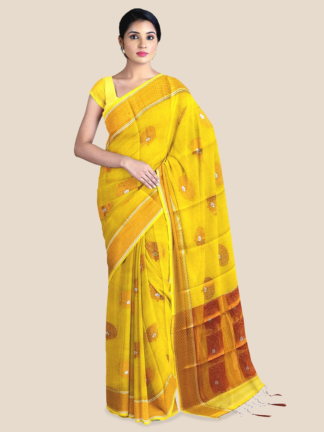 

The Chennai Silks Ethnic Woven Design Zari Silk Cotton Maheshwari Saree, Yellow