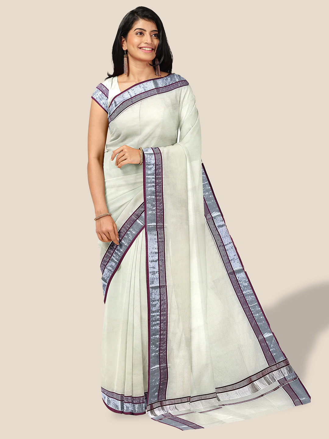 

The Chennai Silks Zari Pure Cotton Kasavu Saree, Off white