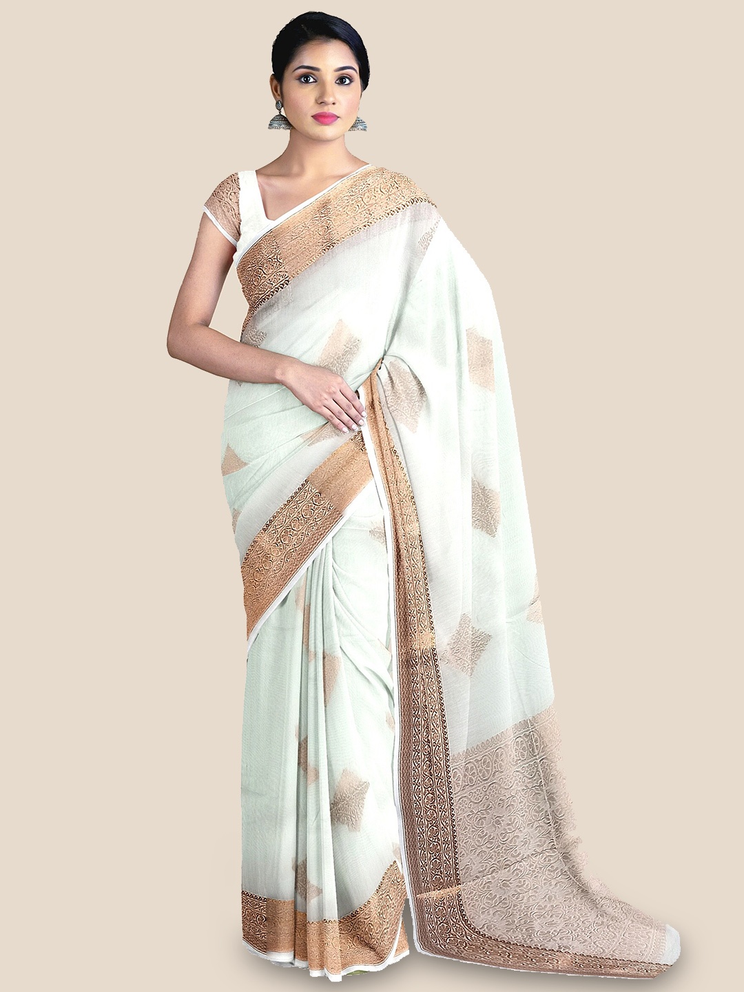 

The Chennai Silks Floral Zari Silk Cotton Maheshwari Saree, Off white