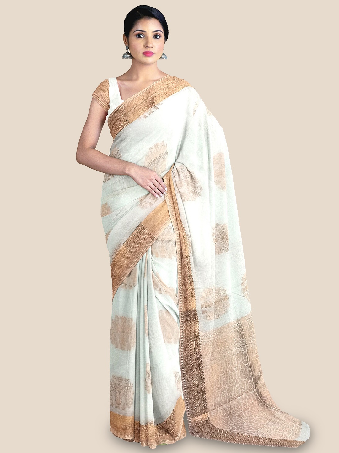 

The Chennai Silks Ethnic Motifs Woven Design Silk Cotton Maheshwari Saree, Off white