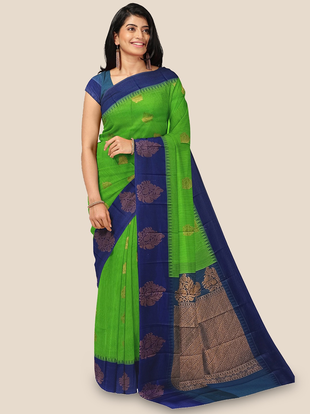 

The Chennai Silks Ethnic Motifs Zari Silk Cotton Maheshwari Saree, Green