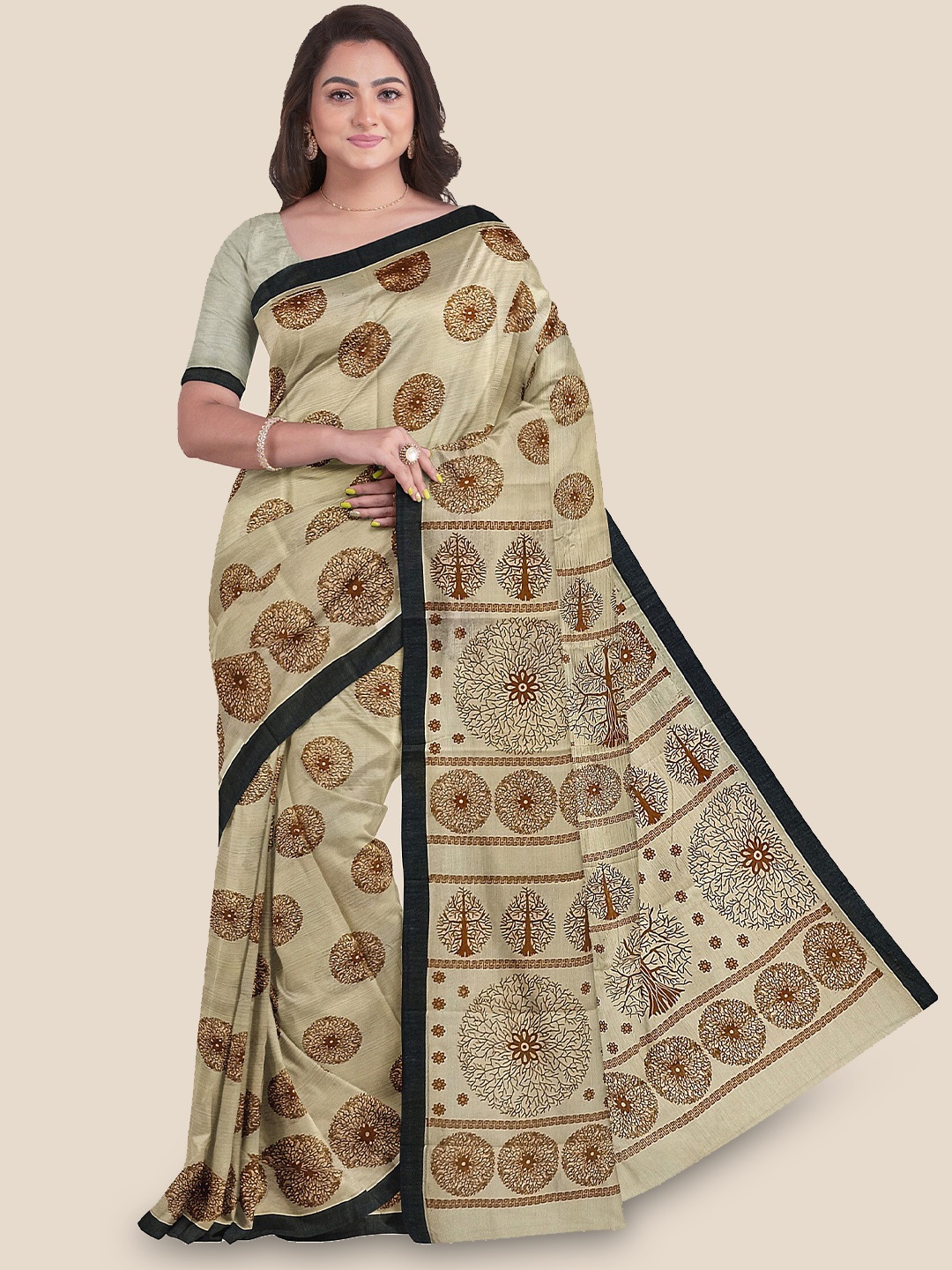 

The Chennai Silks Floral Printed Narayan Peth Saree, Beige