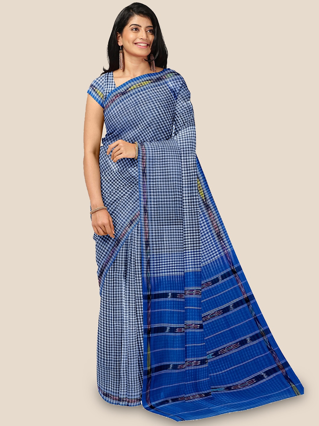 

The Chennai Silks Checked Pure Cotton Narayan Peth Saree, Navy blue