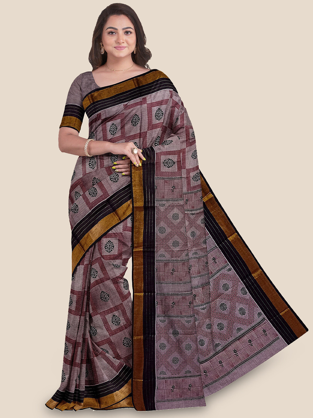 

The Chennai Silks Ethnic Motifs Printed Zari Narayan Peth Saree, Brown