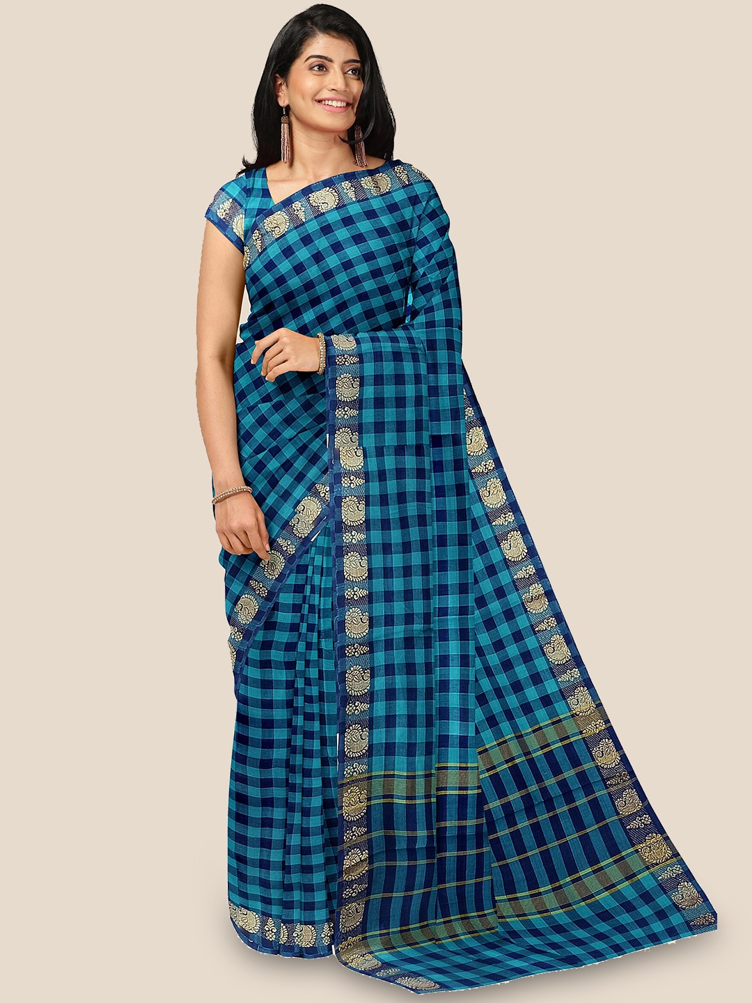 

The Chennai Silks Checked Zari Pure Cotton Venkatgiri Saree, Blue